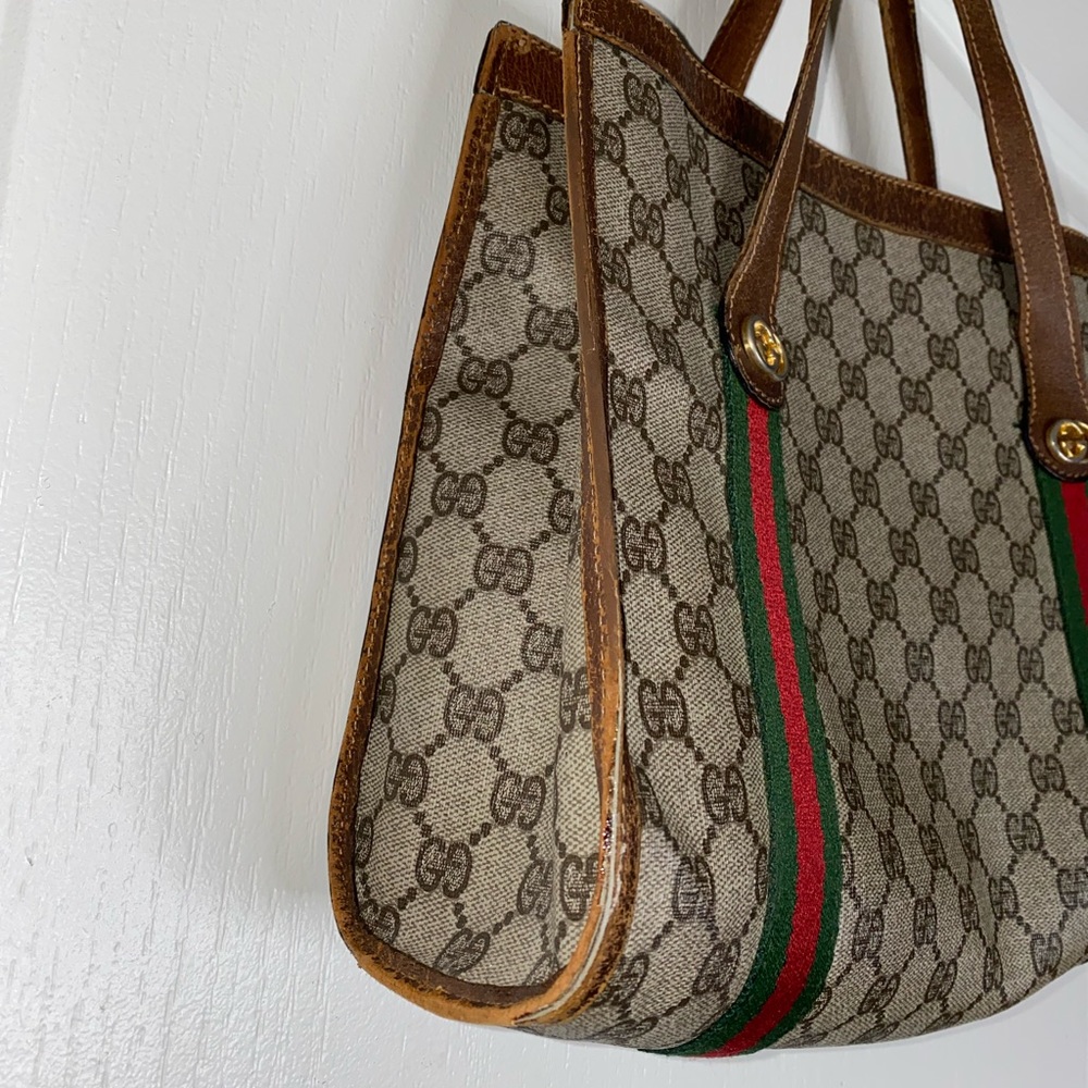 Gucci Brown Monogram Canvas Tote with Green-Red Web Stripe - Picture 2 of 11